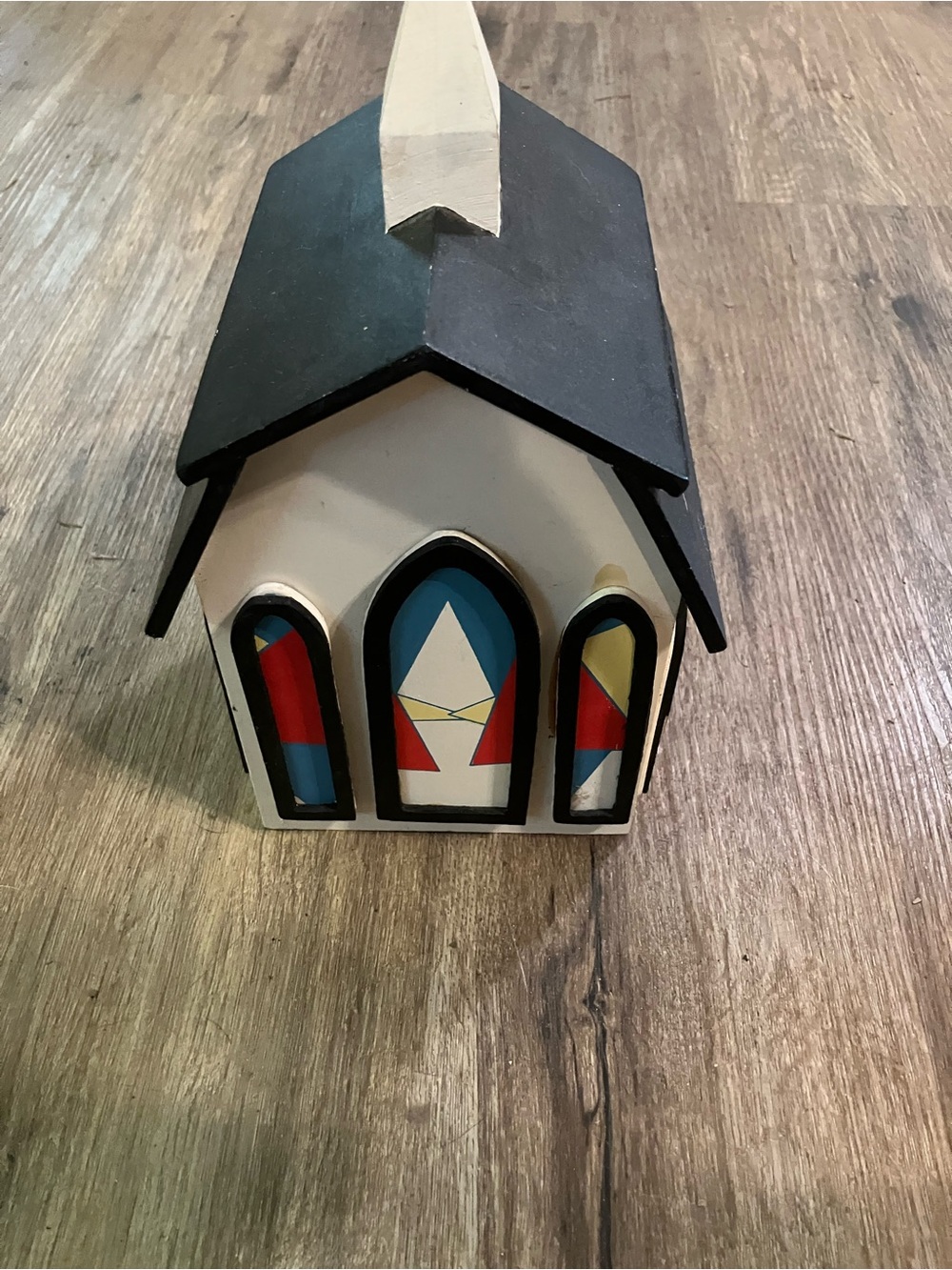 Hand-Painted Decorative Birdhouse — White, Black, Red & Blue Accents - Picture 3 of 3